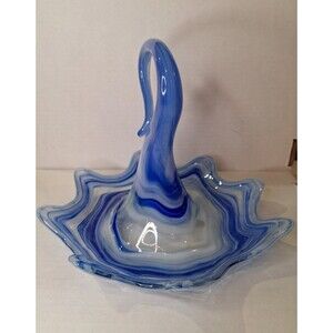 HANDMADE BLOWN SWIRL GLASS ART PIECE BLUE WHITE ONE-OF-A-KIND SERVING DISH